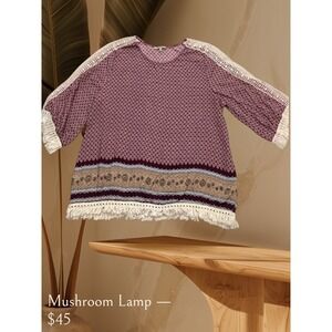 JODIFL Women's Burgundy Geometric Print Lace Trim Tassel Kimono Top L